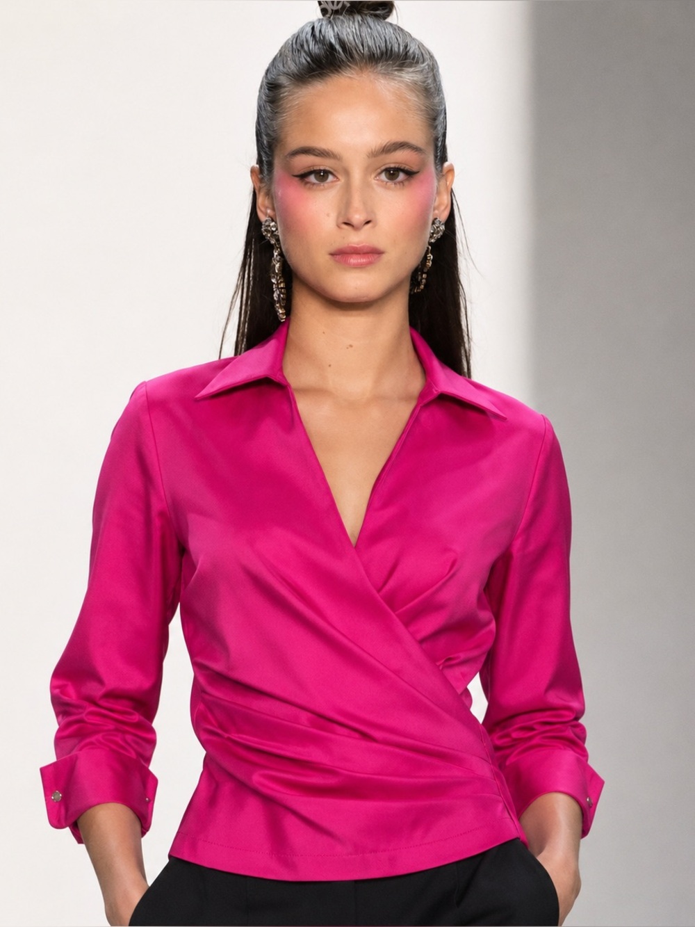 Tadashi Fuchsia Pink Satin Wrap Blouse Elegant Date Night Cocktail Wedding, 8